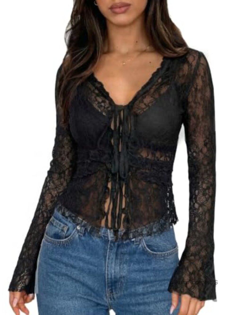 Sheer Lace Bell Sleeve Tie Front Crop Top Y2k Vintage Blouse